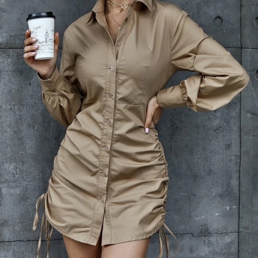 Solid Drawstring Side Shirt Dress